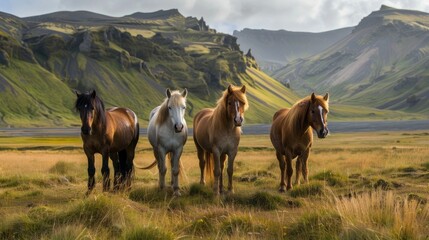 Obraz premium Four horses standing in a field with mountains in the background