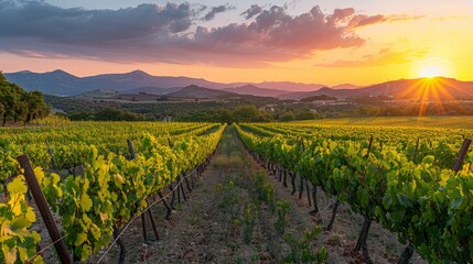 Naklejka premium Sunset over vineyards in languedoc