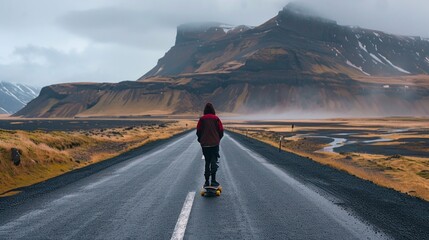 Fototapeta premium A man is riding a skateboard down a road in the mountains