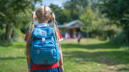 Back view of schoolgirl with backpack standing in park on sunny day
