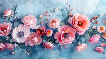 Watercolor floral arrangement on blue background