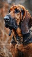A friendly bloodhound brown and black dog sitting in the grass in autumn