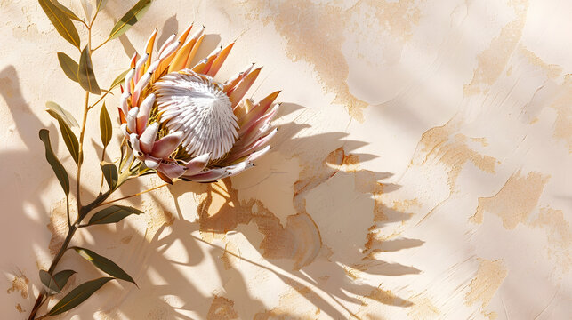 dried exotic flower Protea and shadow on beige paint textured background close up poster minimal floral concept : Generative AI - Powered by Adobe