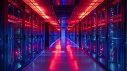 Modern Data Center with Neon Lighting, Generative AI