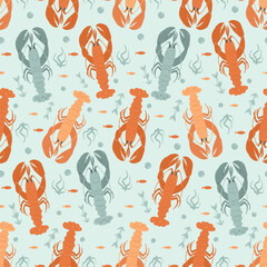 Crustaceans seamless pattern. Underwater world repeated background. Lobster and crawfishes. Vector hand drawn flat illustration.