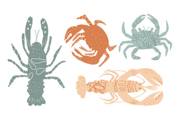 Crustaceans isolated on white background. Marine animals and underwater life. Set of stylized lobsters, crabs and crawfish. Vector hand drawn flat collection illustration.