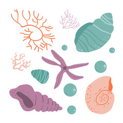 Coral, seashells, and a starfish in pastel colors, showcasing the delicate beauty of underwater ecosystems. Set of Vector hand drawn flat illustration.