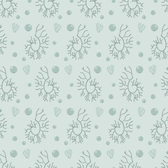 Fototapeta premium Algae and water bubbles seamless pattern. Underwater life endless background. Vector hand drawn flat illustration.