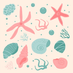 Joyful illustrations of starfish, seashells, coral, and aquatic plants in soft hues, diversity and beauty of the sea. Set of Vector hand drawn flat illustration.