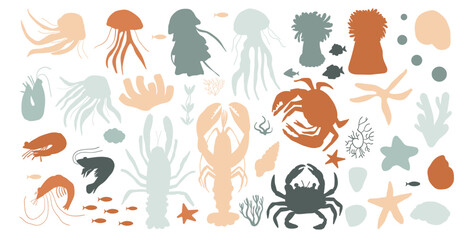 Underwater silhouettes life isolated on white background. Collection of jellyfish, sea anemones, lobster, crabs, shrimp, starfish, shells, corals and seaweed. Set of Vector flat illustration