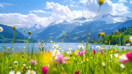 Idyllic summer landscape with a flower meadow snowy mountains and a blue lake Zell am See Pinzgau Salzburger Land Austria Europe : Generative AI
