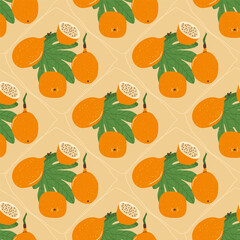 Sweet granadilla fruit packaging seamless pattern. Tropical fruits endless background. Yellow passion fruit product repeat cover. Exotic box food loop ornament tile. Vector hand drawn illustration.