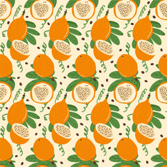 Granadilla half and whole fruit seamless pattern. Tropical fruits and leaves endless background. Yellow passion fruit repeat cover. Exotic sweet grenadia loop ornament. Vector illustration.