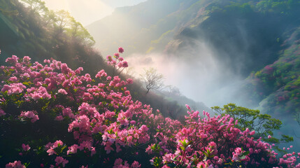 Fototapeta premium Morning scenery in the mountains where azaleas bloom beautifully : Generative AI
