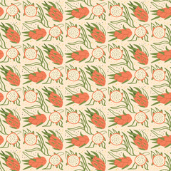 Dragonfruit seamless pattern. Exotic pitaya endless background. Tropical repeat cover. Vector hand drawn illustration.