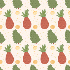 Tropical fruits seamless pattern. Pineapple, longan and guanabana endless background. Exotic repeat cover. Vector hand drawn illustration.