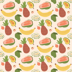 Tropical fruits seamless pattern. Ripe pineapple, guava, lychee, mango, banana, longan. Exotic sweet slices, half and whole fruit food endless background. Vector hand drawn illustration.