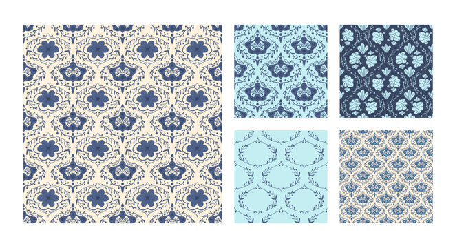 Vintage damask flowers and branches seamless patterns collection. Floral retro endless backgrounds set. Flower and leaves ornament tile. Blue botanic repeat cover. Vector hand drawn illustration.