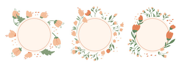 Floral wreath set isolated on white background. Tulip flowers frames collection. Circle scribble border of bouquet. Vector flat hand drawn illustration.