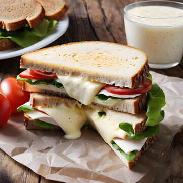 Un sandwich delicioso de dos pisos, junto a un vaso de leche
