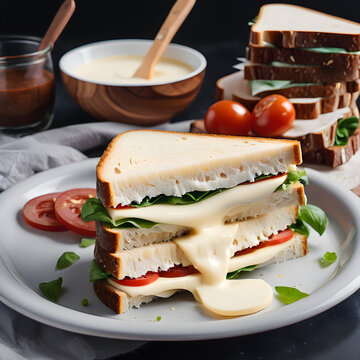 Un delicioso sandwich junto a dos peque&ntilde;os recipientes con aderezo