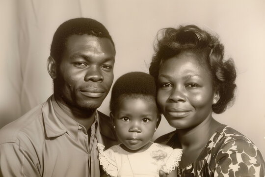 Vintage retro family portrait of an African American man posing with his wife and daughter