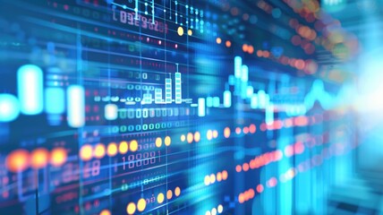 Abstract technology concept with digital interface and glowing data analysis charts on blue background