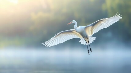 White swan in mid-flight over serene body of water at dusk