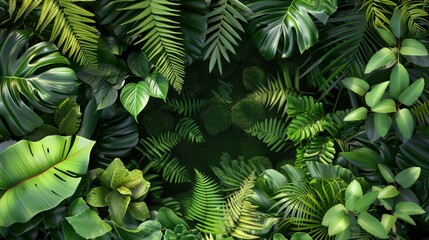 A close-up view of a vibrant, lush tropical rainforest canopy, showcasing a variety of green leaves and foliage. Generative AI