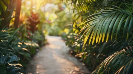 Sunlight filters through lush green foliage along garden path at sunset