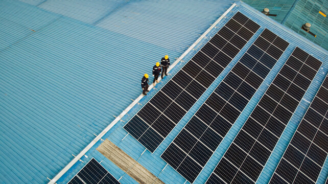Aerial view of engineer worker standing on rooftop checking on solar cell panels installed on roof of the factory with professional team. Electric power industry renewable energy.