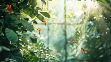 Butterflies flying among lush green foliage under soft sunlight