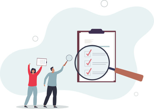 Quality control and satisfaction standard inspection.Production and manufacturing process review and examination.flat illustration.