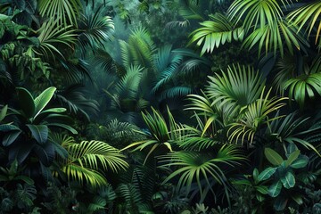 A vibrant green tropical rainforest canopy, teeming with life. Generative AI