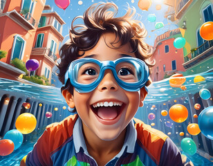  In a playful moment, a young boy wearing swimming goggles laughs joyfully while having fun _1(124)