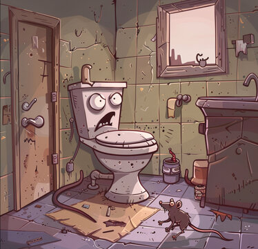 Cartoon angry toilet in dirty bathroom