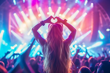 Heart Hands at Concert: Female Fan Enjoying Live Music Festival