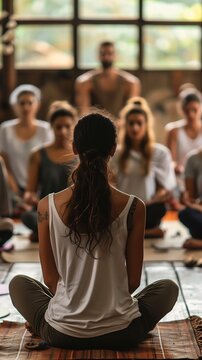 woman sitting yoga pose front people lens flares street health spa meditation center white trendy clothes camp half blood genesis full parallelism