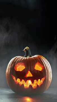 Spooky Halloween Jack O lantern Pumpkin on a Black Background with Glowing Eyes with Space for Copy. Digital Halloween Background Loop
