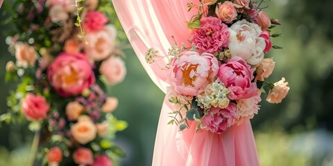 Luxurious boho wedding arch adorned with pink peonies roses and satin curtains. Concept Luxury Wedding Decor, Boho Style, Floral Arch, Pink Peonies, Satin Curtains