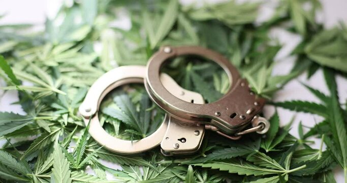 Handcuffs pair on heap of green cannabis leaves scattered on white surface. Responsibility for illegal drug. Imprisoning for narcotics producing