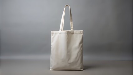 A crisp white blank canvas tote bag made of cotton with sturdy handles lies isolated on a light gray background, waiting for creative customization.