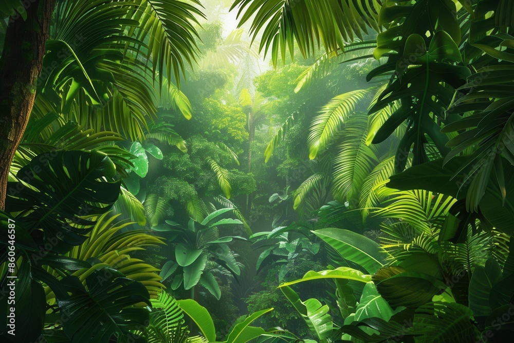 Aufkleber a vibrant and lush tropical rainforest with dense vegetation and a hazy atmosphere. generative ai