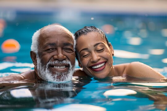 Happy Senior Couple Enjoying A Summer Day In The Pool