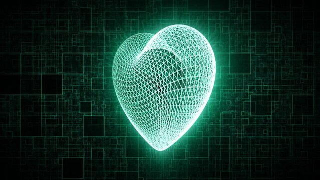 Heart shaped digital hologram with bright shiny rays on a vibrant curcuit pattern background. Virtual love screensaver, social network likes and internet dating technologies. Seamless vj loop 4k 60fps