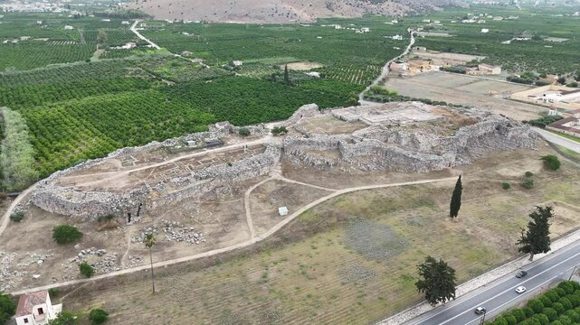 Ruins of ancient acropolis of Tiryns - a Mycenaean archaeological site in Argolis in the Peloponnese, and the location from which mythical hero Heracles performed his 12 labors, Greece.