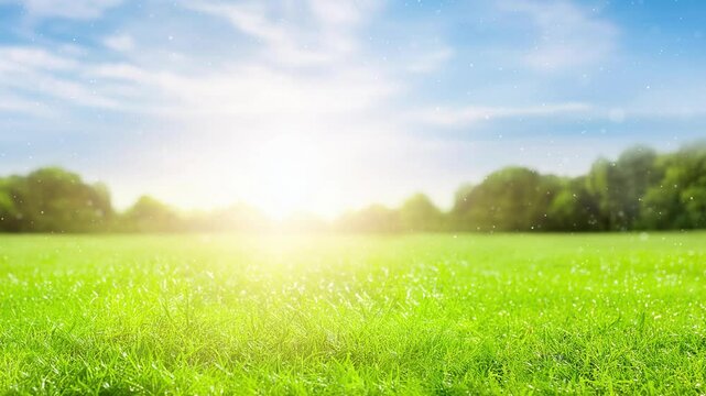 Beautiful sunny meadow landscape with blue sky copy space loop video.