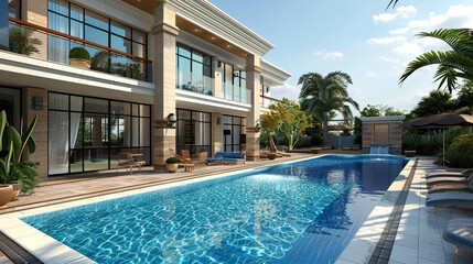 Fototapeta premium Modern house with pool, modern villa with pool on the beach, luxury villa.