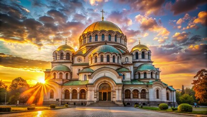 Obraz premium Majestic Byzantine-style cathedral with intricate mosaics, ornate domes, and elegant archways in a serene, sunny, golden-hour atmosphere.
