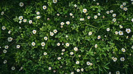 Top view of green grass and small daisy flowers background : Generative AI